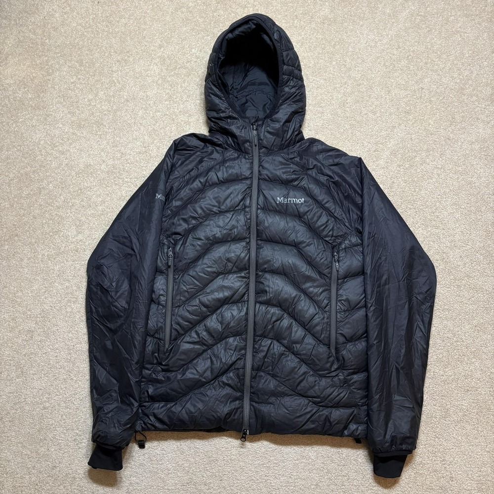 Marmot Down Jacket Mens Large Black Hooded Puffer Polartec Insulated CC-580